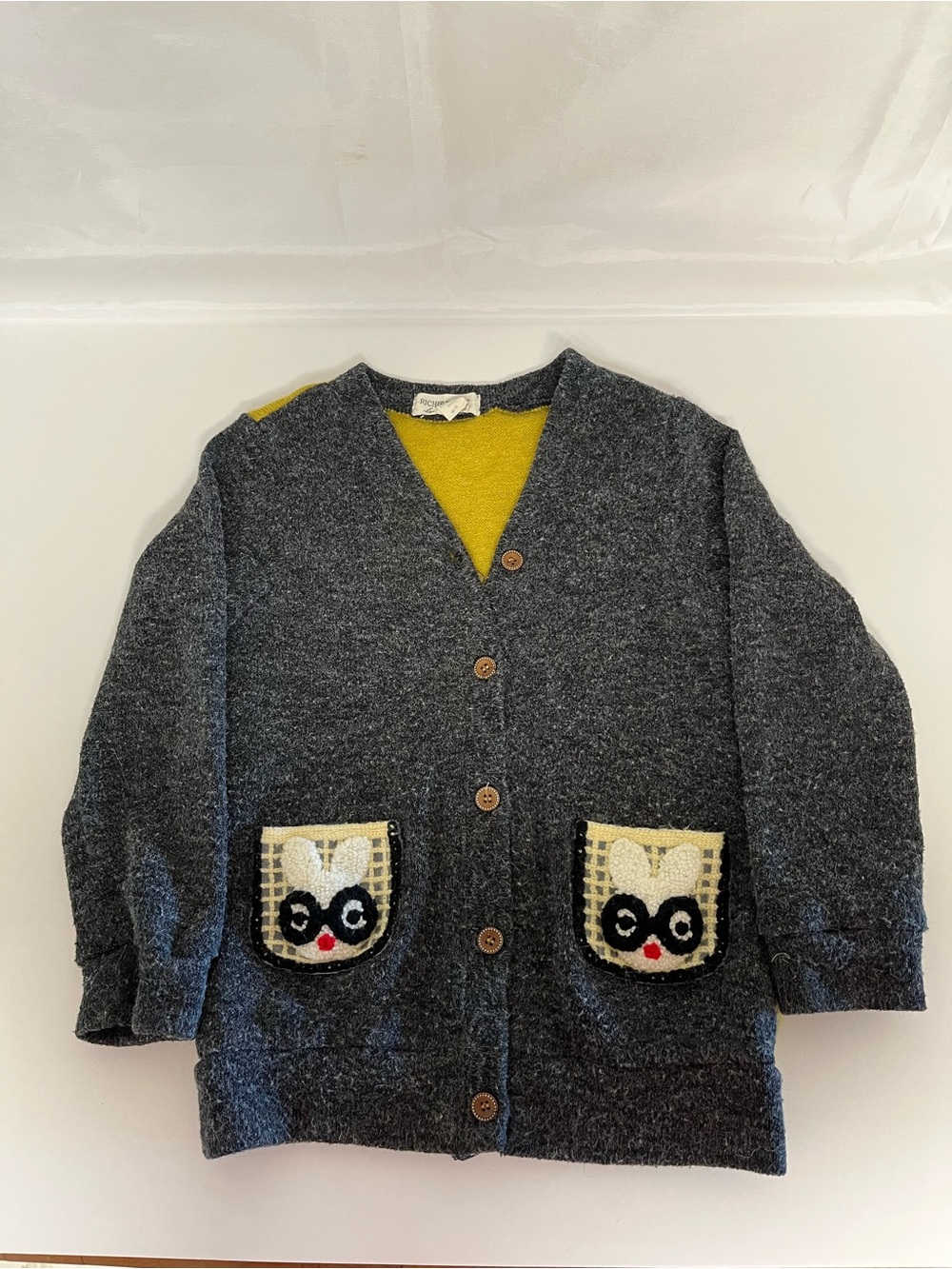Richie House Charcoal Gray Cardigan with Yellow Lining and Pocket Appliqués. 4/5